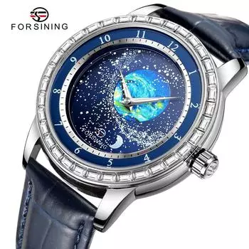 Forsining Automatic Watch Men s Blue Leather Strap Automatic Surface Luminous Mechanical Clock Men s Gifts синий