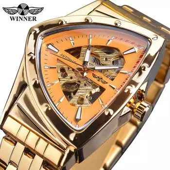 Forsining Men Skeleton Automatic Military Watch Luxury Gold Triangle Mechanical Watches Transparent Stainless Steel Male Clcok золотой