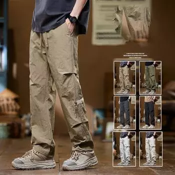 Four Seasons American Workwear Trendy Brand Casual Брюки Мужские свободные широкие брюки High Street Быстросохнущие вышитые многослойные длинные брюки M чёрный