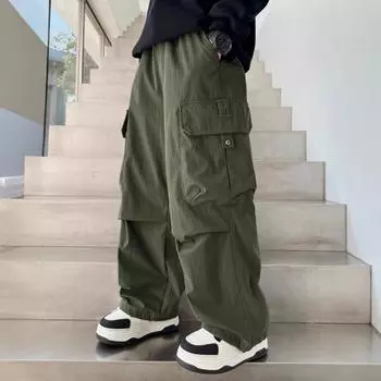 Four Seasons Boys Cargo Pants Spring Casual Trousers Children Autumn Straight Loose Pants Teenager Solid Color Wide-leg Clothing 170