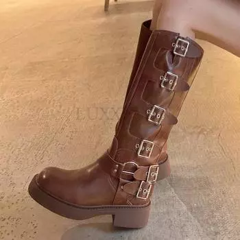 Four Seasons Can Wear Round Head Thick Heel Boots Retro Punk Style Motorcycle BootsStyle Fashion Belt Buckle Boots Women 35 темно-коричневого