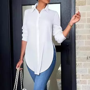 Four Seasons Fashion Blouse Solid Lapel Simple Irregular Женская рубашка с длинным рукавом S белый