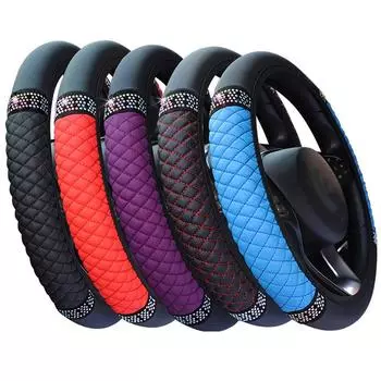 Four Seasons Universal 37/38cm Leather Embroidered Color Diamond-Studded Elastic Steering Wheel Cover Grip Car Accessories чёрный