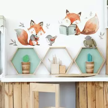 Fox Reading Спальня Гостиная Кабинет Фон Ландшафтный Дизайн Наклейки На Стены Самоклеящиеся 32*90CM/fun-f237