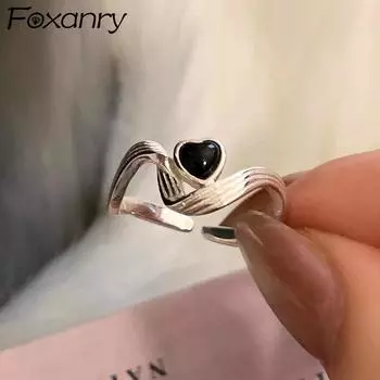 foxanry Черное кольцо в форме сердца LOVE для женщин, пар, новый модный креативный дизайн, нерегулярная геометрия, украшения на день рождения, подарки 17mm серебряный