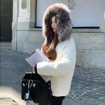 Французская тяжелая промышленность большой меховой воротник белый пуховик хлопковое пальто женское зимнее утолщенное теплое короткое хлопковое пальто верх S