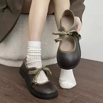 Французские туфли с коротким носком, коричневые, с круглым носком, на плоской подошве, женские винтажные туфли Мэри Джейн, повседневные студенческие кожаные туфли на шнуровке 35 чёрный