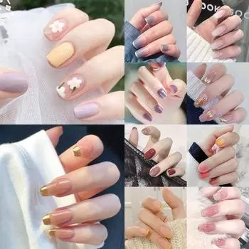 Французский кончик, короткий квадратный пресс на ногтях, накладные ногти, 24 шт., набор для ногтей, клей +