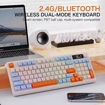 FREEWOLF M96 Беспроводная Bluetooth-клавиатура с двумя режимами работы Клавиатура PBT Ручка управления экраном Литиевая батарея Подсветка Поддержка нескольких устройств серый