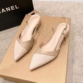 French baotou sandals pointed a word with nude high-heeled shoes women s new summer style thick single heel 5cm 35 телесный