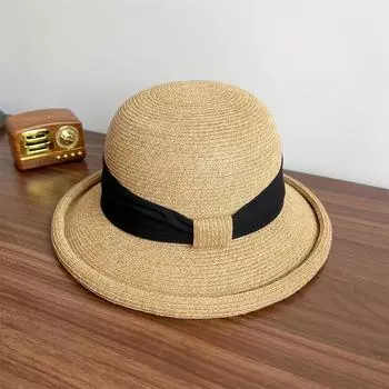 French Bow Retro Rolled Brim Straw Hat, Adjustable Women s Sun Hat for Beach Vacation Travel чёрный