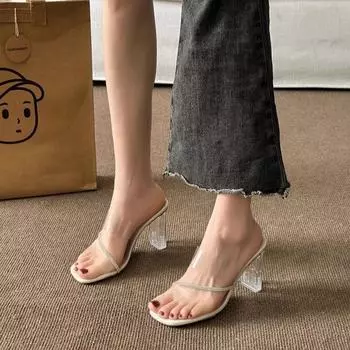 French cool slippers for women outside 24 summer popular diamond belt transparent square head showing legs long crystal thick heel high heels fo 35