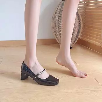 French evening breeze temperament one-word buckle with rhinestone high heels women s thick heel spring and autumn square head single shoes women 35 серебряный