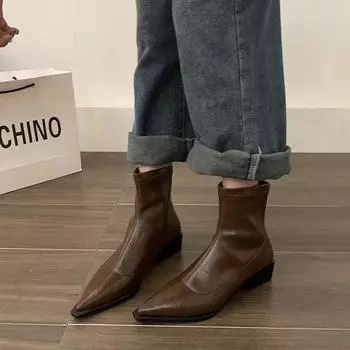 French fashion thick heel short boots women s shoes 2025 new spring and autumn single boots pointed silver temperament thin boots 35 абрикосовый