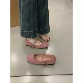 French gentle wind evening shoes with shallow mouth square head flat bottom laden shoes versatile not tired feet commuting single shoes women 35 розовый