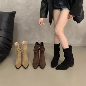 French high-heeled pointed suede brown thin short boots women s shoes 2024 new spring and autumn single boots stacked boots 35 коричневый