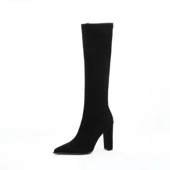 French khaki high heels pointed boots women s 2024 autumn and winter new thin thick heels but knee high boots 34 чёрный