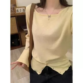 French off-shoulder buttoned slit long-sleeved sweater for women autumn one-shoulder inner layering slim fit and beautiful short top One Size