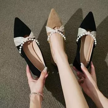 French pearl pointed single shoes for women new thick heel shoes for women shallow mouth frosted bridesmaid shoes 34