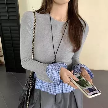 French plaid retro splicing fake two-piece long-sleeved T-shirt for women in autumn design slim-fitting bottoming shirt top S