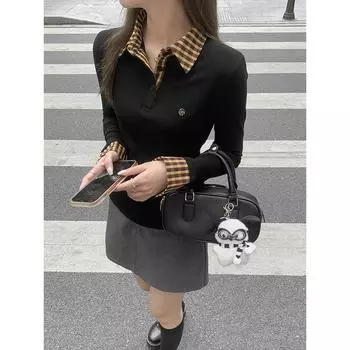 French plaid splicing Polo collar long-sleeved T-shirt autumn and winter new thickened brushed slim-fitting bottoming top S