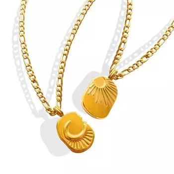 French Retro Moon Sun Relief Oval Square Pendant Necklace, Heavy Industry Made Titanium Steel 18K Gold Collarbone Chain