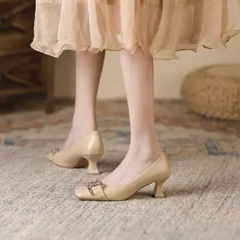 French square head thin heel single shoes spring and autumn new comfortable metal buckle fashion high heels women 34 чёрный