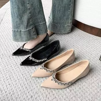 French stunning beauty not tired feet single shoes women s 2025 super fire new temperament pointed flat bottom laden shoes black light mouth shoes 35 чёрный