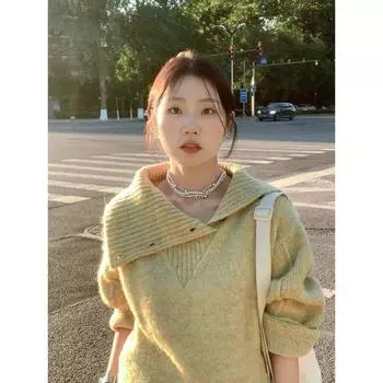 French Style Gentle and Comfortable Yellow Large Lapel Sweater Women s Autumn and Winter New Design Sense Soft Glutinous Knitting Tops Tide Image color M