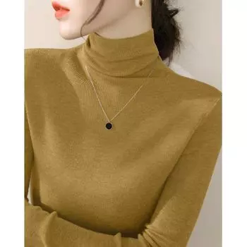 French Style Heaps Collar Wool Chic and Beautiful Bottoming Shirt Mustard yellow L