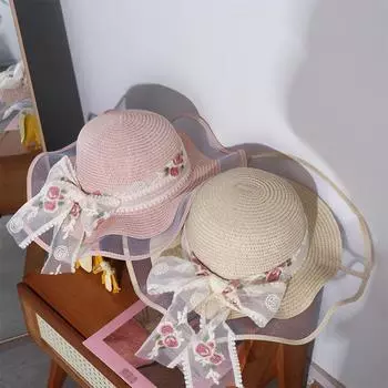 French Style Lace Bow Straw Hat Big Brim Women s Sun Hat Ins Beach Straw Hat Outdoor розовый
