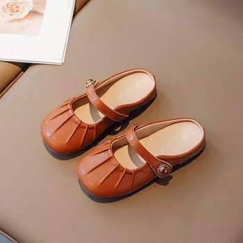 French Style Retro Mary Janes for Girls 2024 Spring Autumn Shallow Leather Shoes Flats Versatile Pleated Kids Princess Slippers 26 чёрный