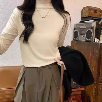 French style semi-high collar plus velvet thickened bottoming shirt T-shirt for women in autumn and winter, high-end slim long-sleeved inner top L