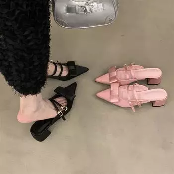 French temperament bag head half slippers outer wear 2025 summer new fairy style bow high heel single shoes women s shoes 35 розовый