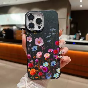 Fresh Flower Pattern TPU Soft Case For iPhone 16 15 Pro 14 Plus 13 Pro Max 12 11 XS XR 8 7 Matte Leather Texture Shockproof Slim Phone Cover iPhone 16 чёрный