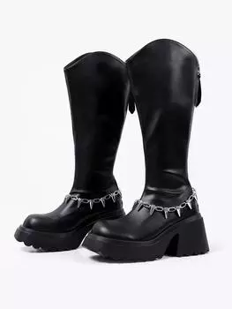 Fringes Flats Platform Snow High Boots Women Chunky Knee High Leather Shoes Winter New 2025 Brand Designer Punk Motorcycle Boots 35 чёрный