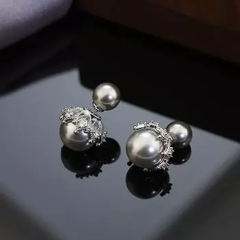 Front And Rear Wearing Crown Bead Stud Earrings, High-End Luxury Earrings, French Personalized Design, Silver Needle Earrings Wholesale