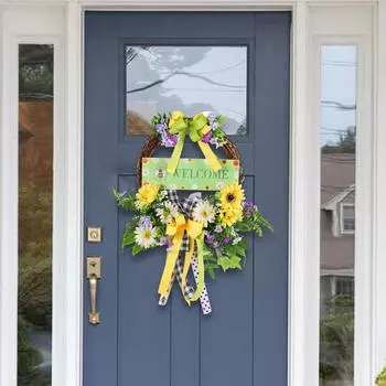 Front Door Spring Wreath Colourful Artificial Silk Hanging Garland for