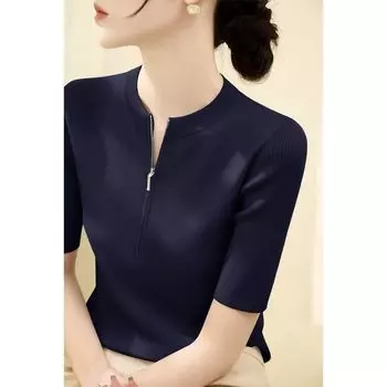 Front Shoulder Half-Open Collar Half Sleeve Lyocell Zipper Bottoming Shirt Navy blue [short sleeve]] 2XL