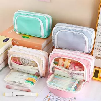 Front Window Ins Style Multi-layer Pencil Case Large Capacity Simple Stationery Bag Multifunctional Makeup Bag Storage Bag розовый