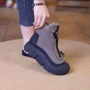Front zipper platform Martin boots popular winter cotton shoes velvet warm women s shoes casual short boots versatile high-top shoes 36 чёрный