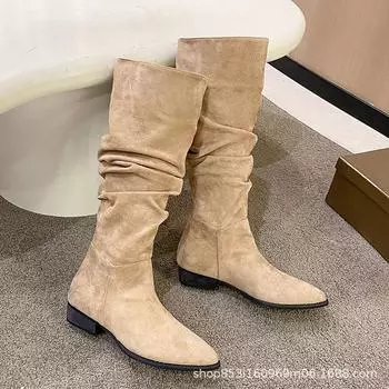 Frosted pleated long knight boots women autumn new heel boots pointed Chelsea boots women P637 35 чёрный