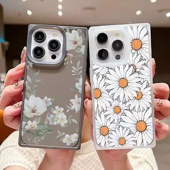 Frosted Square Transparent Phone Case for iPhone 16 Pro 15 14 Plus 13 12 Pro Max 11 Daisy Floral Pattern Tpu Soft Shockproof Slim Cover iPhone 16 чёрный