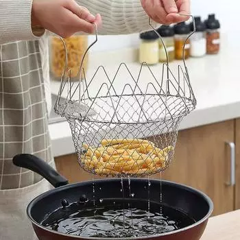 Frying Basket Stainless Steel Folding Multifunctional Cooking Basket New Telescopic Frying Basket Multifunctional Kitchen Tools серебряный