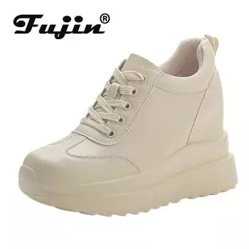 Fujin 10 см сетчатая платформа танкетка массивные туфли из натуральной кожи скрытые каблуки женские летние весенние осенние прогулочные кроссовки мода 34 бежевый