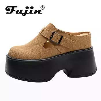 Fujin 11 см из коровьей замши из натуральной кожи, женские шлепанцы на платформе, сандалии на танкетке на плоской подошве, шлепанцы, Zandalias De Mujer, женская обувь с пряжкой