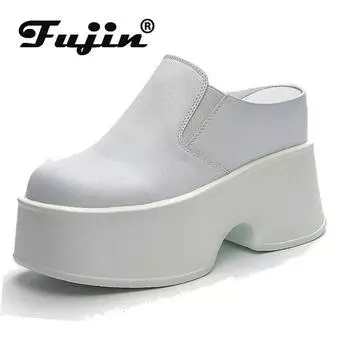 Fujin/11 см тапочки на танкетке из натуральной кожи, кроссовки на платформе, женская обувь, женские летние мокасины на супер каблуке, дизайнерские ботинки