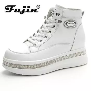 Fujin/6 см, массивные кроссовки на танкетке из коровьей кожи, разноцветные весенние женские осенние ботильоны из натуральной кожи, женские ботильоны, обувь 34 белый