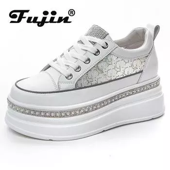 Fujin 7cm 2024 Synthetic Air Mesh Platform Wedge Flats Summer Fashion Chunky Sneaker Casual Bling Leather Comfy High Brand Shoes