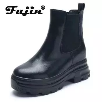 Fujin, 8 см, 2023, натуральная кожа, ботильоны «Челси», осень-зима, плюшевые теплые ботинки на платформе до середины икры, женская весенняя обувь в Риме 34